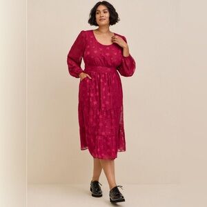 Torrid Clip Dot Embroidered Stars Chiffon Tiered Midi Dress Size 2X Red Sheer